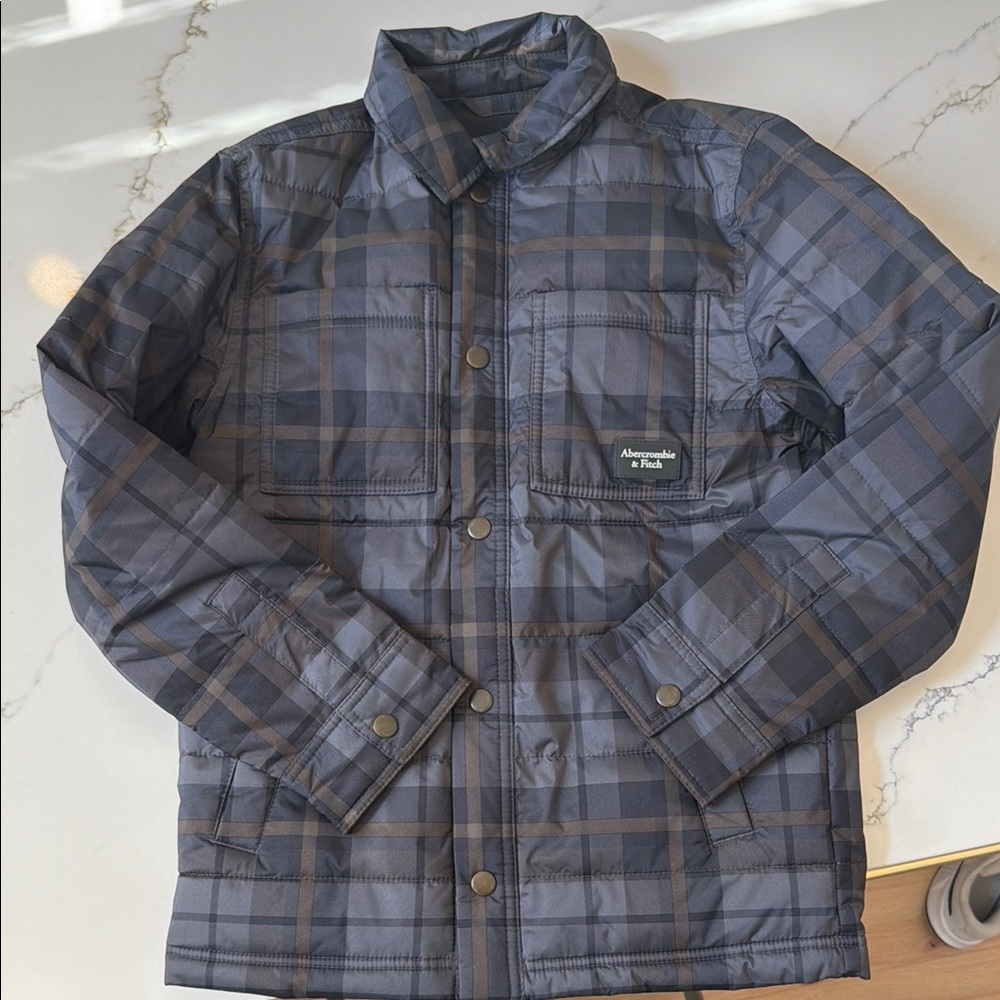 Abercrombie & Fitch Kids Blue and Gray Plaid Puffer Jacket